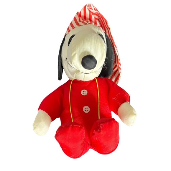 Vintage 90s Peanuts Sitting Snoopy Plush Christmas Pajama Red Hat Nylon Toy - Picture 1 of 6